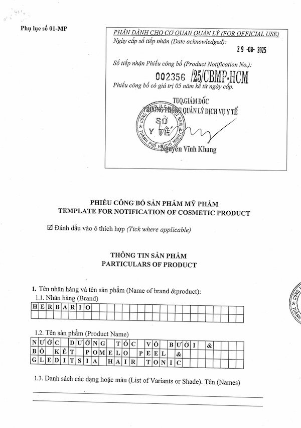 giay cong bo san pham nuoc duong toc buoi Herbario